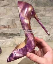 Пикантные модельные туфли из лакированной кожи с фиолетовым принтом; Туфли-гладиаторы с острым носком на шпильке 12 см 10 см 8 см; Туфли-лодочки в стиле пэчворк; Обувь для торжеств 2024 - купить недорого