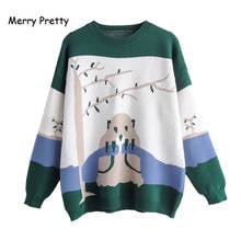 MERRY PRETTY-suéteres de punto con bordado de dibujos animados para mujer, suéter Jacquard grueso y cálido de manga larga con cuello redondo, color verde, Invierno 2020 2024 - compra barato