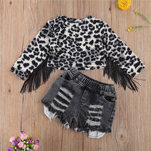 Conjunto de roupas casuais para bebês, 2 peças, blusa e shorts rasgados com bolsos laterais, manga comprida, gola redonda, estampa de leopardo 2024 - compre barato