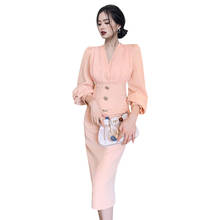 Vestido de fiesta Rosa elegante con escote en V, manga larga, de lujo, trabajo de oficina, Midi, novedad de 2021 2024 - compra barato