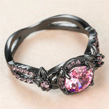 Anillo de lujo con piedra de cristal rosa para mujer, joyería de boda con Flor de Oro Negro, anillo de compromiso de circón redondo pequeño 2024 - compra barato
