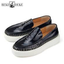 Runway Mens Luxury Cowhide Genuine Leather Shoes Thick Platform Rivets Studded Slip On Loafers Fashion Casual Skateboard Shoes 2024 - buy cheap