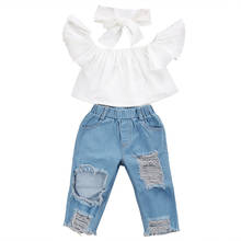 Toddler Kids Baby Girls Ruffle Off Shoulder Tops+Holes Denim Pants Jeans Tousers+Headband 3Pcs Summer Outfits Set Clothes 1-6T 2024 - buy cheap