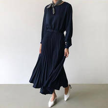 New 2020 Spring Elegant Pleated Dress Women Long Sleeve Sashes Belted High Waist Long Dresses Female A-line Office Lady Vestidos 2024 - buy cheap