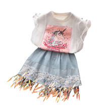 2021 Infant Baby Girls Cartoon Print Round Neck Top and Denim Skirt Two-piece Suit for Photography 2024 - buy cheap