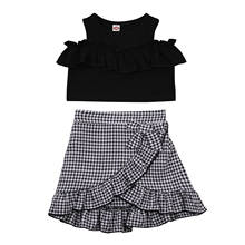 Opperiaya conjunto de roupas adoráveis para meninas, roupas casuais de duas peças para verão, preto, cor sólida, manga curta, laço, padrão xadrez, saias 2024 - compre barato