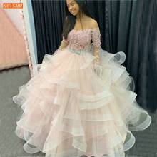 Vestido de novia Rosa Sexy para mujer, vestidos de novia con apliques y volantes a medida, de manga larga, tul esponjoso, 2020 2024 - compra barato