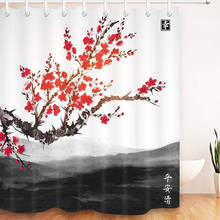 Cortina de ducha japonesa con diseño de cerezo rojo, visillo de baño impermeable, antimoho, pintura de tinta de árbol Sakura, estilo con ganchos, decoración de baño 2024 - compra barato