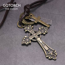 Gothic Cross Pendant Necklace For Women And Men Antique Retro Pendant Adjustable Leather Rope Sweater Necklace 2024 - buy cheap