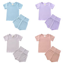 Pijama infantil de cor sólida, conjunto de roupa de dormir de algodão com manga curta + calças de sono curto para o verão, confortável para crianças 2024 - compre barato