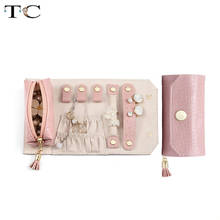 Bolsa portátil de cuero PU rosa para guardar ecitas, collar, anillo, pendientes, bolsa de rollo, caja de almacenamiento de joyas, bolsa de cosméticos de viaje 2024 - compra barato