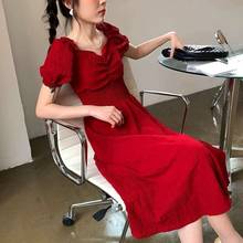 Vestido de verão feminino, novo, vintage, cor vermelha, gola quadrada, vestido de mulher, 2020 2024 - compre barato