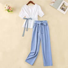Women's Clothing 2021 Summer New Large Size Sets Loose Thin Wide Leg Pants Crop Tops 2 Piece Female V-Neck T Shirts Office Suits 2024 - buy cheap