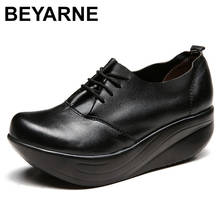 Beyarrenew-zapatos de plataforma de piel auténtica para mujer, zapatillas informales de cuña negra con cordones, de tacón alto, talla grande 34-43 2024 - compra barato