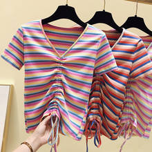 gkfnmt 2020 New Sexy Deep V-Neck Rainbow Striped T Shirt Women Summer TShirt Short  Sleeve Women Tops Tee Shirt Femme 2024 - buy cheap