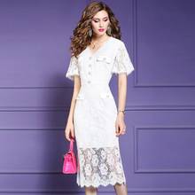 Runway 2021 new Designer Lace V-Neck sexy slim short sleeve solid club dress Plus Size office ladies Pencil Women summer dresses 2024 - buy cheap