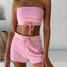 Summer Two Piece Set Pink Ladies Crop Tops + Hot Shorts Pants Casual Yellow Drawstring Tracksuit Women Slim Matching Sets 2024 - buy cheap