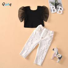 Qunq-Conjunto de camisa de manga de malla negra para niñas, pantalones vaqueros con cuentas blancas, trajes de moda para primavera y verano 2024 - compra barato