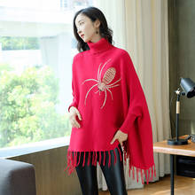 Female Turtleneck Animal Bat Sleeve Sweater Cloak Long Sleeve Stitching Fringed Decorative Knitted Sweater Poncho Women Winter 2024 - buy cheap