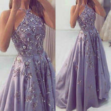 Lavender Prom Dresses Halter Lace Appliqued A Line Sequins Beads Sweep Train Evening Gowns Custom Made Party Dress 2024 - buy cheap