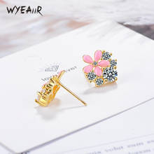 WYEAIIR Pink Flower Zircon Cute Fresh Literature Sweet Personality 925 Sterling Silver Female Stud Earrings 2024 - buy cheap