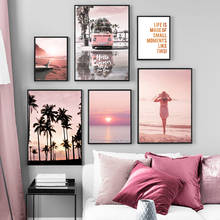 Pink Sunset Beach Coconut Tree Surfboard Wall Art Canvas Painting Nordic Posters And Prints Wall Pictures For Living Room Decor 2024 - buy cheap