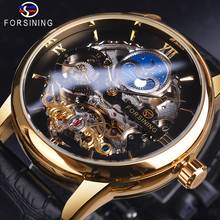 Forsining Skeleton Watches Black Golden Dual Time Zone Mechanical Automatic Watch Moon Phase Waterproof Tourbillon Sport Clock 2024 - buy cheap