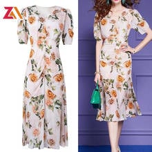 ZALady vintage floral printed midi dresses for women short sleeve office OL retro elegant high waist dress femme robe size plus 2024 - buy cheap