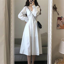 Elegant White Dress Women Casual Long Sleeve Vintage Fairy Midi Dress Draped Lace-Up Slim One Piece Dress Korean 2020 Autumn 2024 - buy cheap