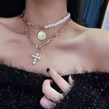 Retro Exaggerate Thick Chain Imitation Pearl Cross Pendant Choker Necklace Kolye Bijoux For Women Trendy Double Layer Necklaces 2024 - buy cheap