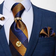 Gravatas douradas e azul masculinas, conjunto formal de gravata em seda 100% com lenços e abotoaduras, para festa de casamento, presente para homens 2024 - compre barato