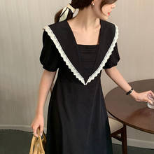 One-Piece Dress Female Summer 2021 Vintage French Hepburn Style Square Neck Lace Stitching Puff Sleeve A-Line Black Casual Dress 2024 - buy cheap