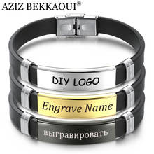 Pulseira de couro masculina aziz bekkaoui, gravação com nome, pulseira de couro para homens, bracelete de aço inoxidável preto diy, joias da moda, dropshipping 2024 - compre barato