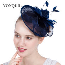 Woemn Sinamay Wedding Fascinator Headbands With Feather Flowers&Navy Blue Sinamay Loops For Melbourne Cup Wedding Church Event 2024 - buy cheap