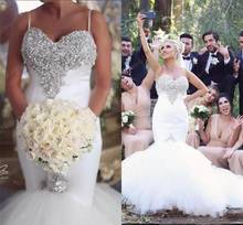 Spaghetti Beaded Tulle Bridal Dresses 2020 Sexy Noble Sweep Train Wedding Gowns Arabic Crystals Mermaid Wedding Dresses 2024 - buy cheap