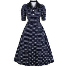 Vestido Midi elegante de algodón con manga abombada para mujer, traje de oficina con botones y lunares, Estilo Vintage, cintura alta, 2021 2024 - compra barato