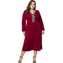 4XL Plus Size Clothes For Women V Neck Sequin Long Sleeve Evening Party Dress Elegant Comfortable Wearing Big Swing Midi Dress 2024 - buy cheap