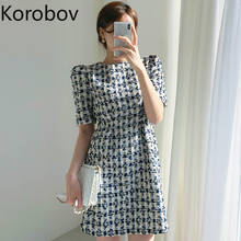 Korobov coreano chique xadrez vintage ol vestido o pescoço puff manga curta a linha vestidos femininos elegantes vestidos de cintura alta robe femme 2024 - compre barato