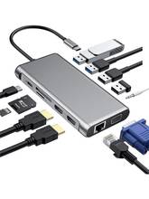 Estación de acoplamiento USB tipo C 12 en 1, doble 4K, HDMI, USB3.0, USB2.0, PD, VGA, RJ45, 3,5mm, ranura para tarjeta TF/SD Dual 2024 - compra barato