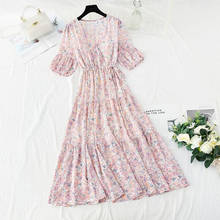 high quality Chiffon Floral Dress Women V-Neck Short Sleeve Sweet Ruffle Summer Dress 2021 New Drawstring Sundress Midi Dress 2024 - buy cheap