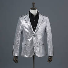 Traje de lentejuelas de estilo coreano para hombre, traje de cantante para escenario, Chaqueta brillante para club nocturno, plata, nuevo 2024 - compra barato