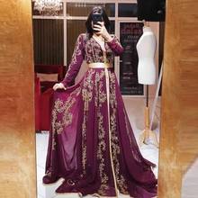 Purple Moroccan Kaftan Caftan Muslim Evening Dresses A-line V-neck Chiffon Pearls Dubai Arabic Turkey Abaya Islamic Evening Gown 2024 - buy cheap