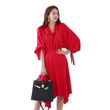 V Neck Long Puff Sleeve Red Black Womens Dress Sexy Party Casual Office Ladies Dress Autumn 2019 Asymmetrical Dresses Vestidos 2024 - buy cheap