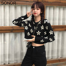 Suéter curto de malha feminino, blusa curta com gola redonda e manga comprida, y2k, floral, preto, kawaii, roupas femininas, 2021 2024 - compre barato