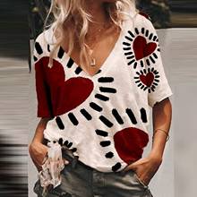 Harajuku Woman Tshirts Casual Fashion Loose Love Heart Print V-neck Short-sleeved Tops Funny T Shirts Camisetas De Mujer 2024 - buy cheap