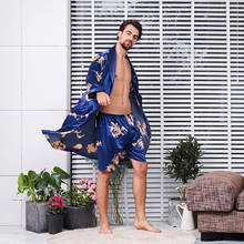 Men Set Kimono Sleepwear Robe Elastic Two-piece Suit Chinese Silk Mens Pajamas Robe with Shorts men, Robe sets, for men, red blue black 2024 - buy cheap
