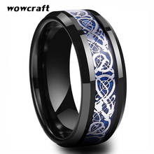 Anillo de carburo de tungsteno negro Unisex de 8mm con anillos azules de dragón, diseño biselado brillante pulido con incrustaciones de fibra de carbono 2024 - compra barato