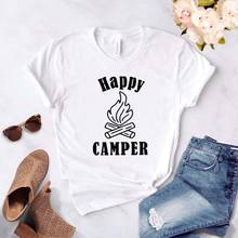 Camiseta de algodão estampa feliz campistas, camiseta engraçada feminina casual e de verão 2024 - compre barato