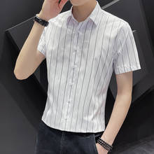 Plus Size 5XL-M Korean Summer Short Sleeve Vertical Stripes Men Dress Shirts Simple Slim Fit Casual Business Work Blouse Homme 2024 - buy cheap
