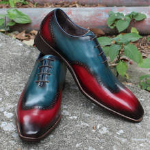 Wingtip Oxford-zapatos de cuero genuino para hombre, calzado de vestir, hecho a mano, clásico, azul y rojo, para fiesta de boda, zapatos formales de lujo 2024 - compra barato